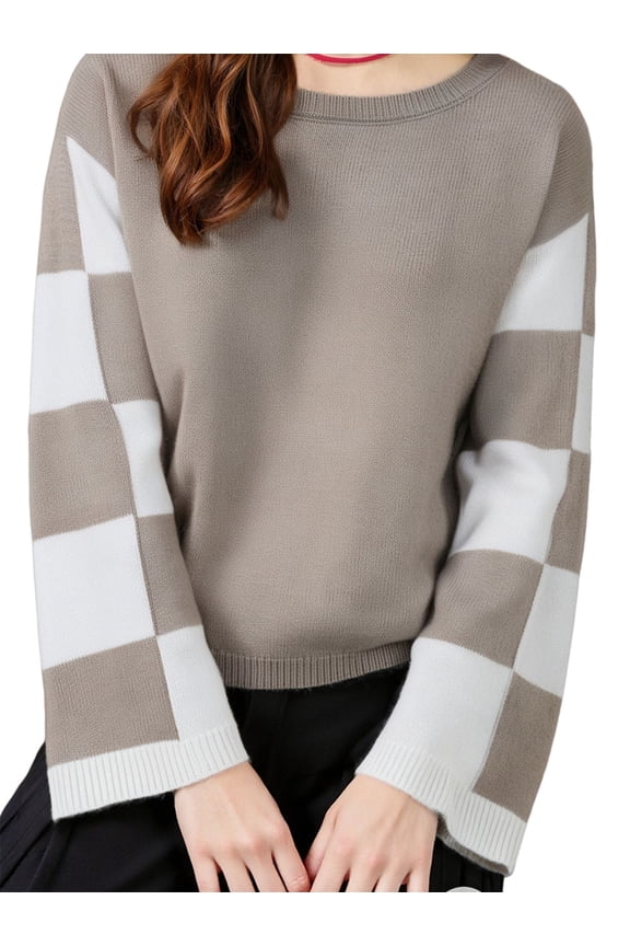 Womens Casual Checkered Color Block Sweaters Crew Neck Long Sleeve Cropped Knit Pullover Khaki S