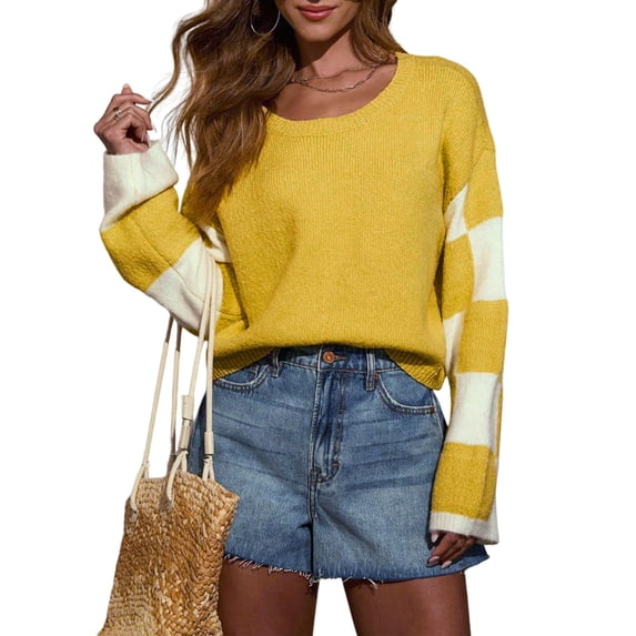 Womens Casual Checkered Color Block Sweaters Crew Neck Long Sleeve Cropped Knit Pullover Yellow M