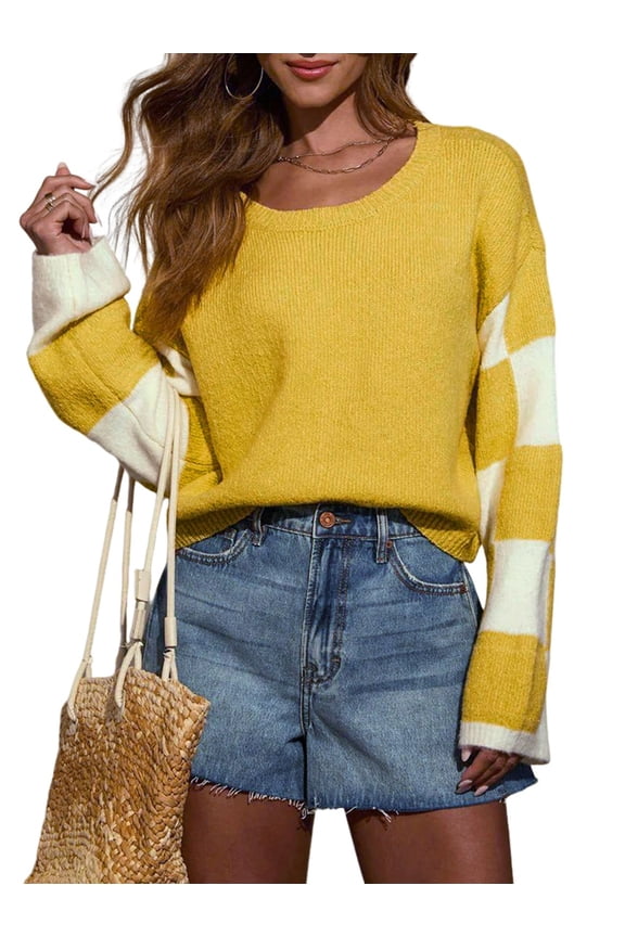 Womens Casual Checkered Color Block Sweaters Crew Neck Long Sleeve Cropped Knit Pullover Yellow M