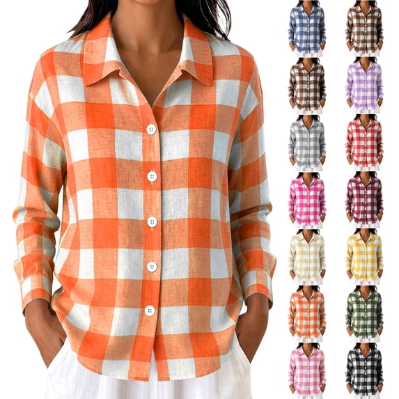 Womens Casual Checkered Jacket Collared Long Sleeve Gingham Plaid Shirts Loose Fit Button Front Casual Everyday Blouse