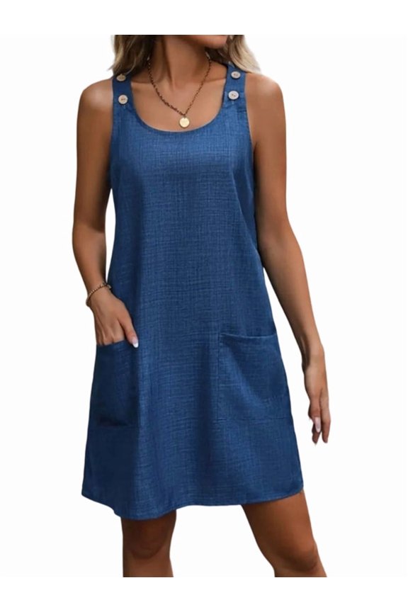Womens Casual Chic Round Neck Sleeveless Button Dress Summer Day Wear Blue M