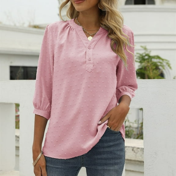 Womens Casual Chiffon Blouses 3/4 Sleeve Loose Swiss Dot Tops Henley V Neck Pleated Button Down Shirts