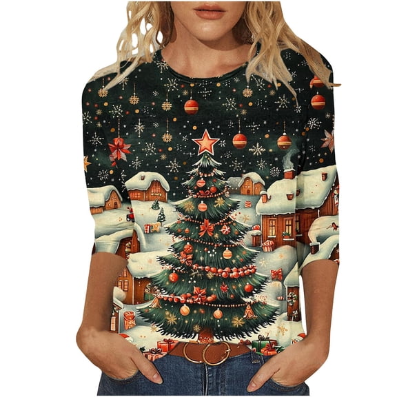 Womens Casual Christmas Tee Shirts Cute Sweatshirts Trendy Thin And Light Weight Cardigan Sweaters Crewneck Sweatshirts Oversized 3/4 Sleeve Cotton