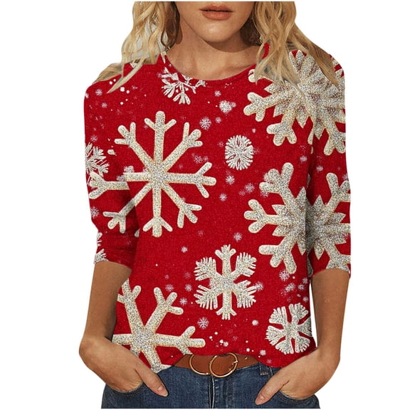 Womens Casual Christmas Tee Shirts Oversized Sweatshirt Pink Fall Sweaters Cropped Fall Tops Loose Fit 3/4 Sleeve Blouses Black