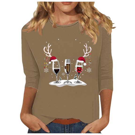 Womens Casual Christmas Tee Shirts Sweatshirts Y2k Fall Pullover Sweaters Light Fit Workout Crewneck Sweatshirt 3/4 Sleeve Crop Top