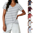 thumbnail image 1 of Womens Casual Classic T Shirts V Neck Short Sleeve Shirts Loose Fit Trendy Striped Summer Everyday Tunics Blouses S-2XL, 1 of 8
