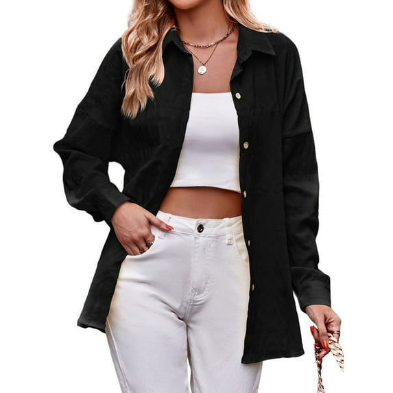 Womens Casual Collared Blouse Loose Fit Long Sleeve Button Down Seersucker Shirt Tops Black S