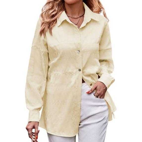 Womens Casual Collared Blouse Loose Fit Long Sleeve Button Down Seersucker Shirt Tops Light Yellow XL
