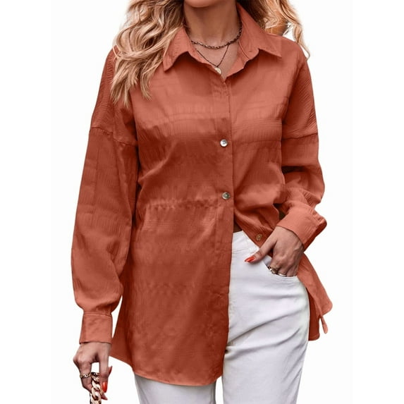 Womens Casual Collared Blouse Loose Fit Long Sleeve Button Down Seersucker Shirt Tops Orange Color XL