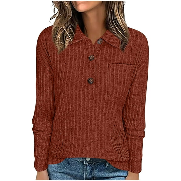 Womens Casual Collared Tops Henley Neck Ribbed Knit Undershirts Long Sleeve Stretch Lounge Tops Pullover, Orange XL