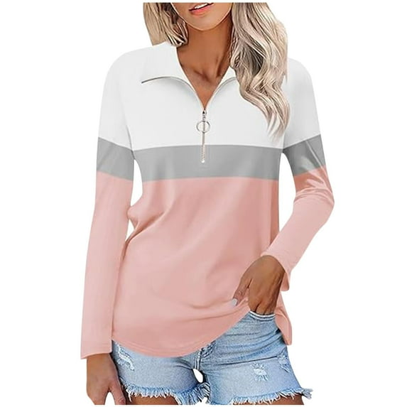 Womens Casual Collared Tunic Tops Zipper V Neck Pullover Tshirts Cute Colorblock Long Sleeve Shirts