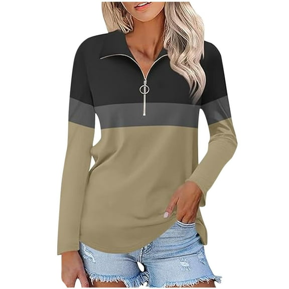 Womens Casual Collared Tunic Tops Zipper V Neck Pullover Tshirts Cute Colorblock Long Sleeve Shirts