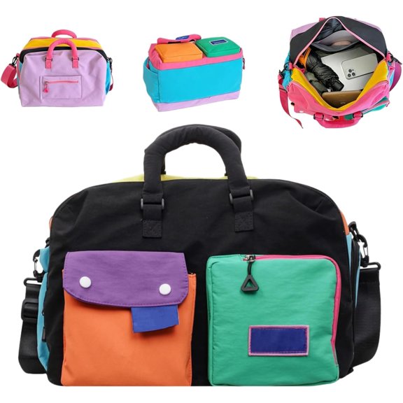Womens Casual Color Block Overnight Bag,Large Travel Duffle Tote,YellowA | Waterproof Chic Block Weekender Bag with Shoe Compartment,Foldable Color-Blocking Design Bag with Wet Pocket for Gym