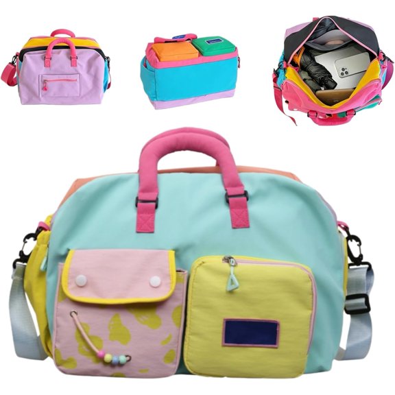Womens Casual Color Block Overnight Bag,Large Travel Duffle Tote,YellowA | Waterproof Chic Block Weekender Bag with Shoe Compartment,Foldable Color-Blocking Design Bag with Wet Pocket