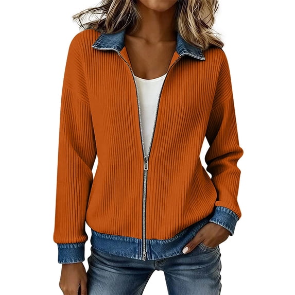 Womens Casual Corduroy Splicing Denim Collar Jacket Coat, Slim Fit Long Sleeve Fall Patchwork Color Block Jean Shacket, Zip Up Denim Patchwork Outwear for Everyday Fall Orange 2XL