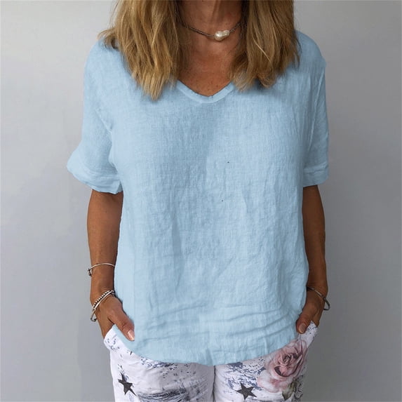 Womens Casual Cotton And Linen O Neck Solid Short Sleeves T Shirt Blouse Tops