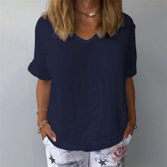 Womens Casual Cotton And Linen O Neck Solid Short Sleeves T Shirt Blouse Tops