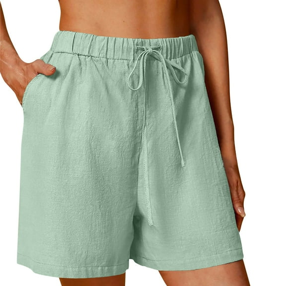 Womens Casual Cotton Elastic Drawstring Summer Beach Pocketed Shorts Light blue