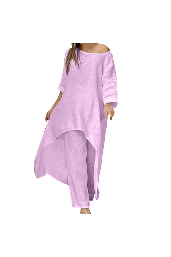 Womens Casual Cotton Linen 2 Piece Outfits Long Sleeve Asymmetrical Blouse Tops Palazzo Pants Loungewear Tracksuits Sets