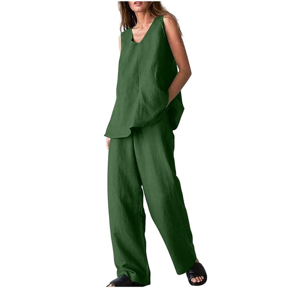 Womens Casual Cotton Linen 2 Piece Outfits V Neck Sleeveless Tank Tops Wide Leg Pants Sets Tracksuits with Pockets