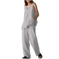 thumbnail image 1 of Womens Casual Cotton Linen 2 Piece Outfits V Neck Sleeveless Tank Tops Wide Leg Pants Sets Tracksuits with Pockets, 1 of 8