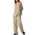 thumbnail image 1 of Womens Casual Cotton Linen 2 Piece Outfits V Neck Sleeveless Tank Tops Wide Leg Pants Sets Tracksuits with Pockets, 1 of 7