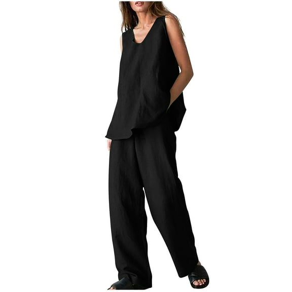 Womens Casual Cotton Linen 2 Piece Outfits V Neck Sleeveless Tank Tops Wide Leg Pants Sets Tracksuits with Pockets