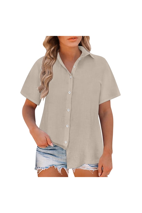 Womens Casual Cotton Linen Button Down Short Sleeve Shirts Solid Summer Beach Blouses Tops with Pocket