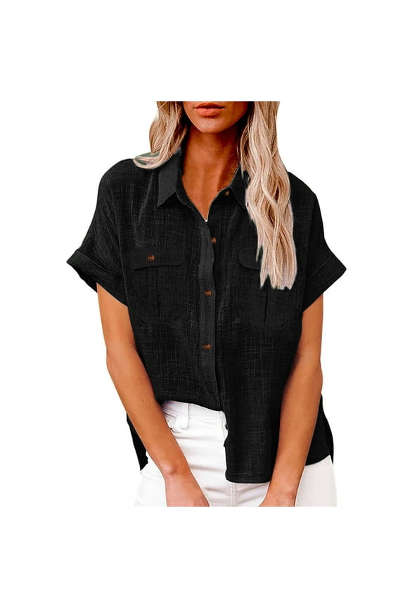 Womens Casual Cotton Linen Button Down Short Sleeve Shirts Solid Summer Beach Blouses Tops with Pocket
