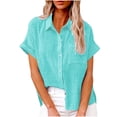 thumbnail image 1 of Womens Casual Cotton Linen Button Down Short Sleeve Shirts Solid Summer Collared Beach Vacation Blouses Tops, 1 of 6