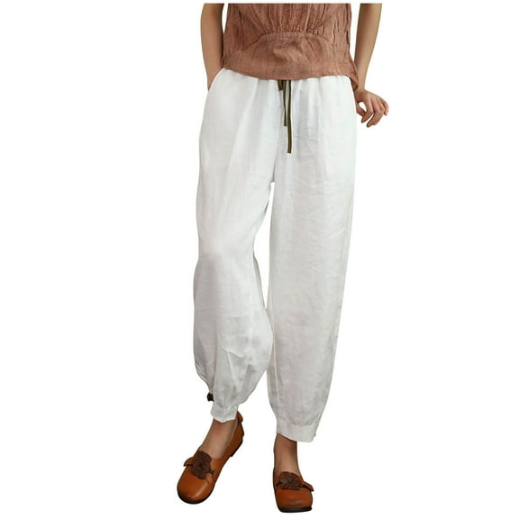 Womens Casual Cotton Linen Harem Pants Solid Drawstring Elastic Waist Cropped Leg Pants with Pockets Comfy Loose Fit Capri Trousers(M,White)