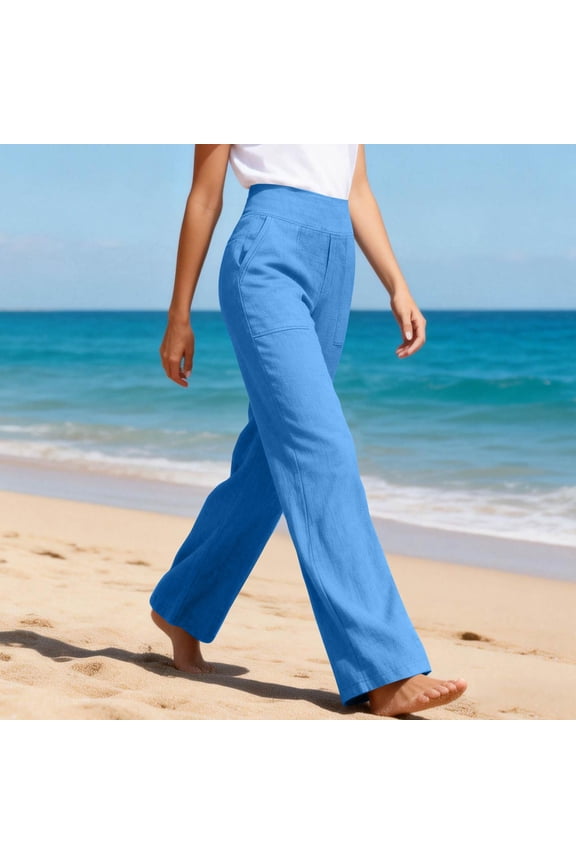 Womens Casual Cotton Linen Pants Lightweight Summer Loose Fit High Waist Straight Leg Plus Size Solid Lounge Trousers Blue S