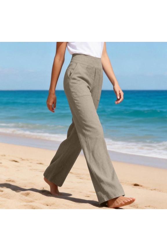 Womens Casual Cotton Linen Pants Lightweight Summer Loose Fit High Waist Straight Leg Plus Size Solid Lounge Trousers Brown L
