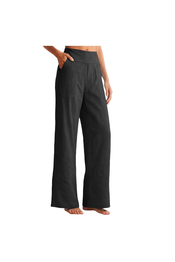 Womens Casual Cotton Linen Pants Lightweight Summer Loose Fit High Waist Straight Leg Plus Size Solid Lounge Trousers