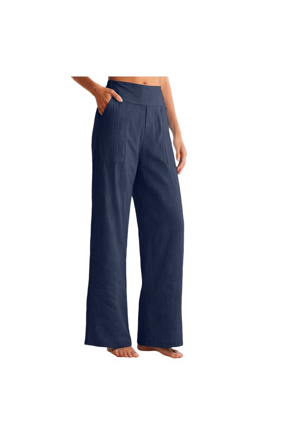 Womens Casual Cotton Linen Pants Lightweight Summer Loose Fit High Waist Straight Leg Plus Size Solid Lounge Trousers