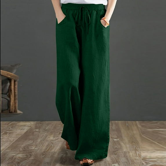 Womens Casual Cotton Linen Pants Solid Color Wide Leg Long Lounge Pant Trousers with Pocket Green Size M
