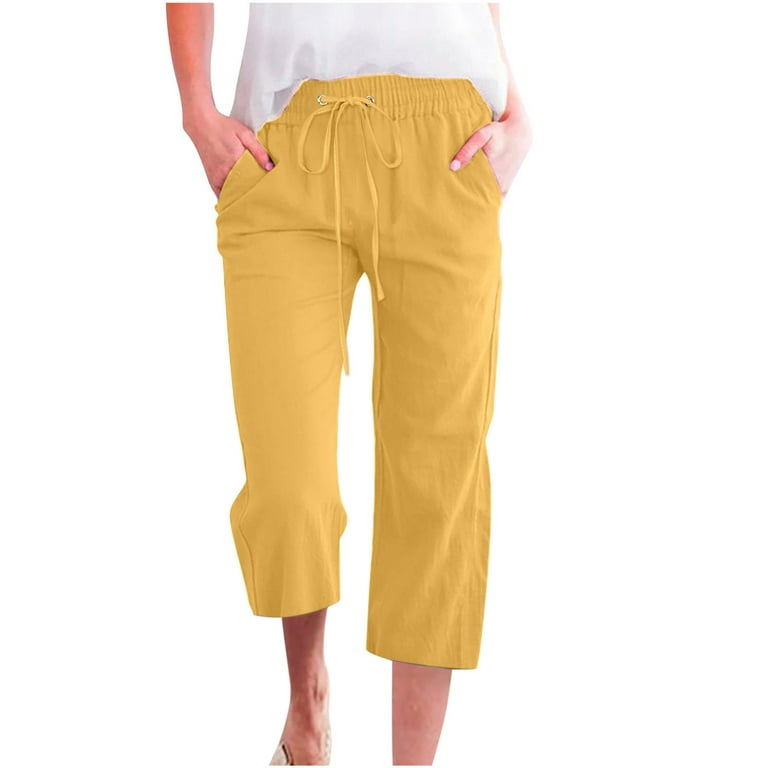 Women's Cotton Capris Pants Summer High Waist Sweatpants Loose Plus Size  Drawstring Wide Leg Pocket Cropped Pants