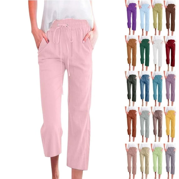Womens Cotton Linen Pants Summer Casual Capris 2026 Drawstring Elastic Wasit Cropped Leg Pants Plus Size Wide Leg Lounge Pants(3XL,Pink)