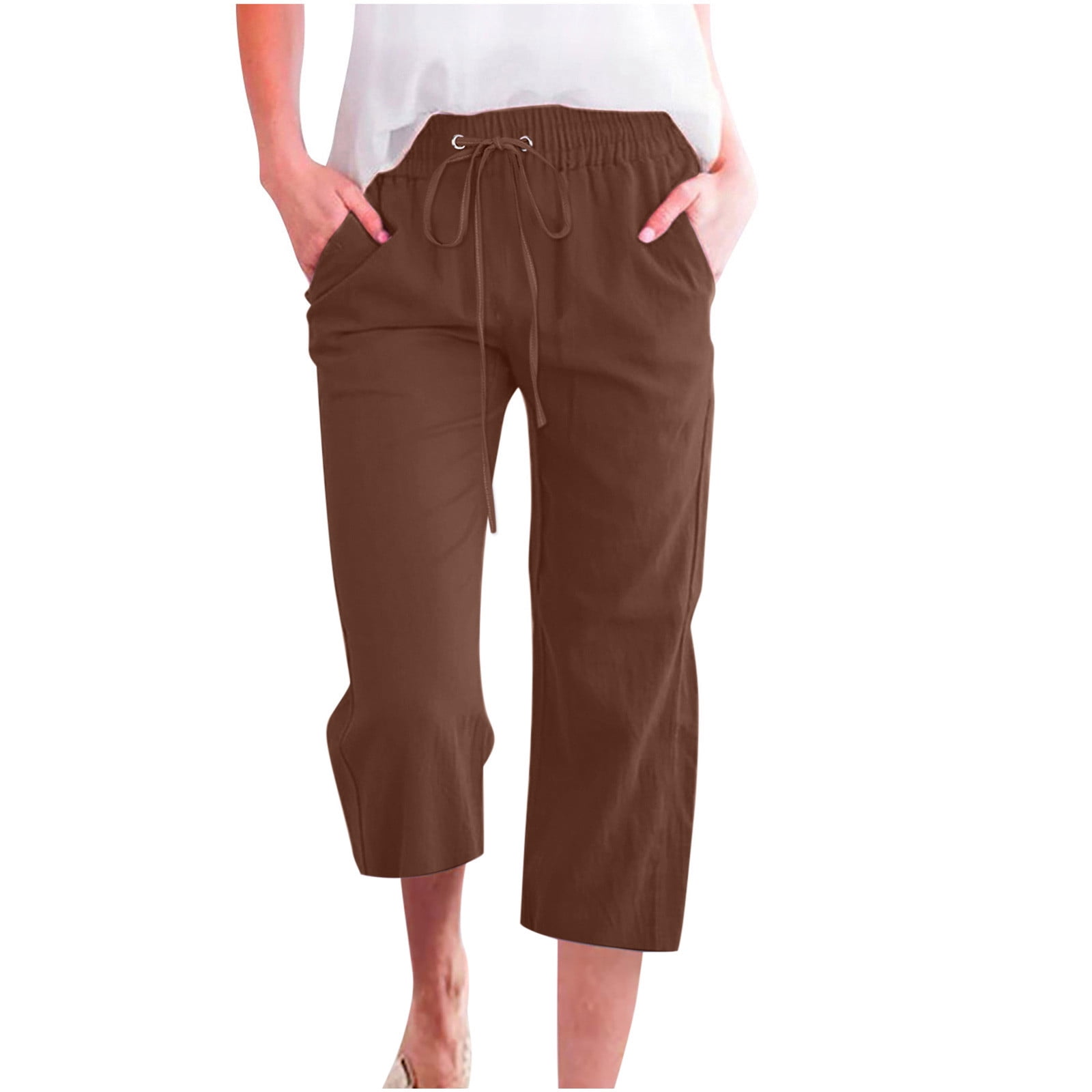 Womens Casual Cotton Linen Pants Summer Capris 2023 Drawstring Elastic  Wasit Cropped Leg Pants Plus Size Wide Leg Lounge Pants(XXXXXL,Brown 01) 