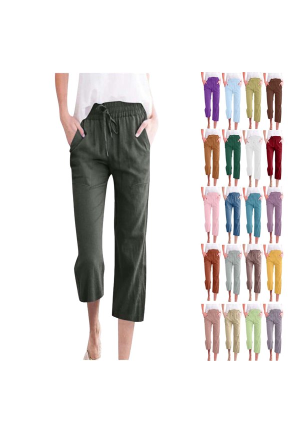 Womens Cotton Linen Pants Summer Casual Capris 2026 Drawstring Elastic Wasit Cropped Leg Pants Plus Size Wide Leg Lounge Pants
