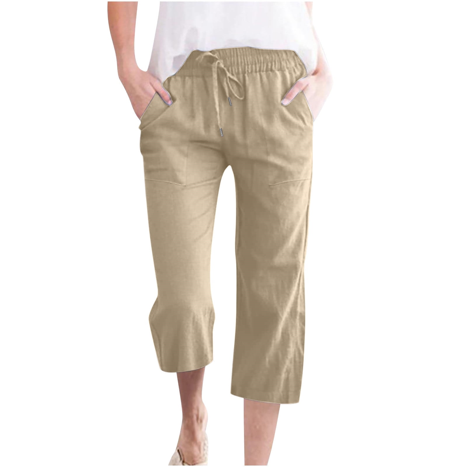 Womens Casual Cotton Linen Pants Summer Capris 2023 Drawstring Elastic ...