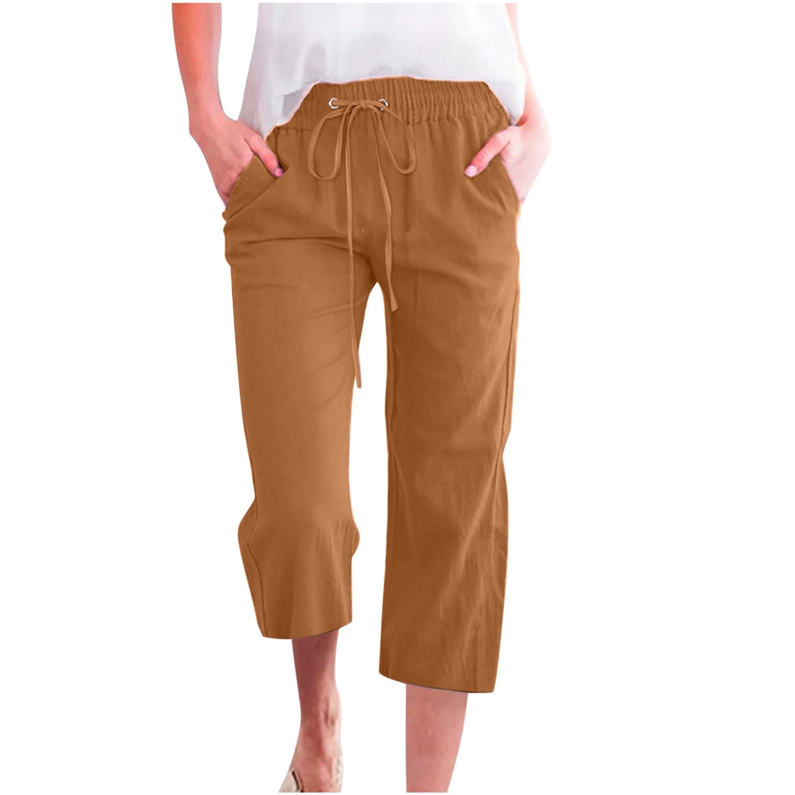 Womens Casual Cotton Linen Pants Summer Capris 2023 Drawstring Elastic  Wasit Cropped Leg Pants Plus Size Wide Leg Lounge Pants 