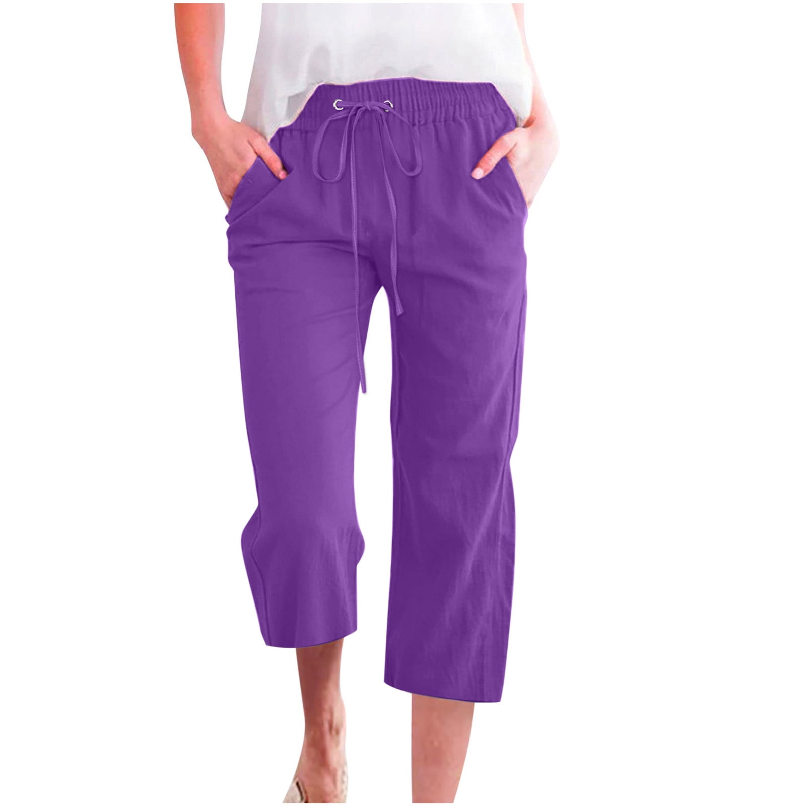 JSKUMAR Womens Casual Cotton Linen Pants Summer Capris 2024 Drawstring Elastic Wasit Cropped Leg Pants Plus Size Wide Leg Lounge Pants(XXL,Purple)