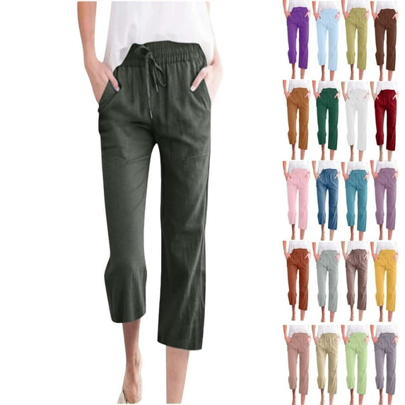Womens Cotton Linen Pants Summer Casual Capris 2026 Drawstring Elastic Wasit Cropped Leg Pants Plus Size Wide Leg Lounge Pants