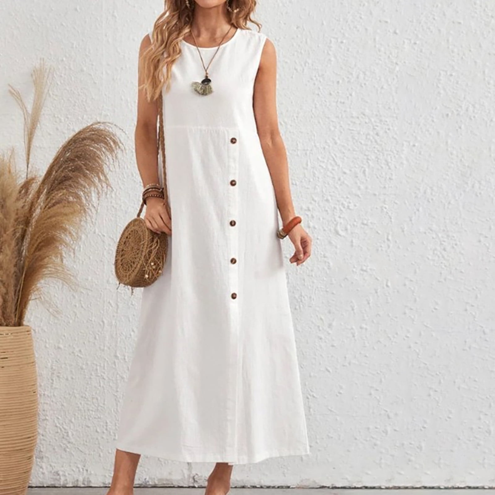 white linen tank dress HAOTAGS Womens Casual Cotton Linen Tank Dress Buttoned Solid Color Crewneck Sleeveless Long Dresses for Women White Size S, Women's, Size: Small