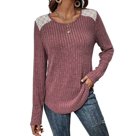 Womens Casual Crew Neck Shirt Lace Patchwork Blouses Pullover Sweaters Solid Color Long Sleeve Tunic Tops Brick Red XXL