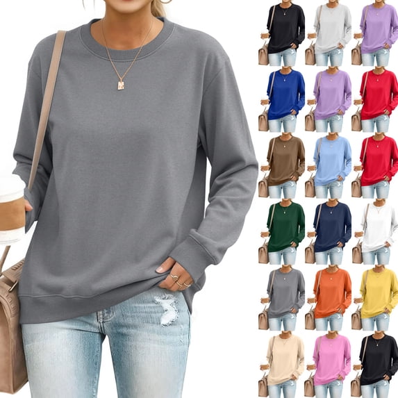 Womens Casual Crew Neck Sweatshirt Long Sleeve Lightweight Pullover Tops Oversized Loungewear Shirts Dark Gray XXL