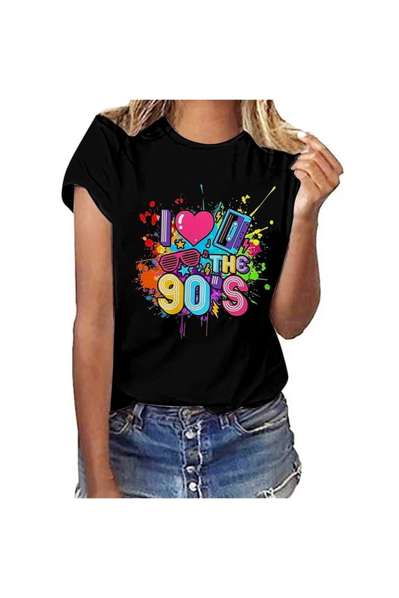 Womens Casual Crew Neck T Shirt Vintage 90's Print Short Sleeve Vacation Tops Loose Fit Crew Neck 2026 Fashion Summer Tees