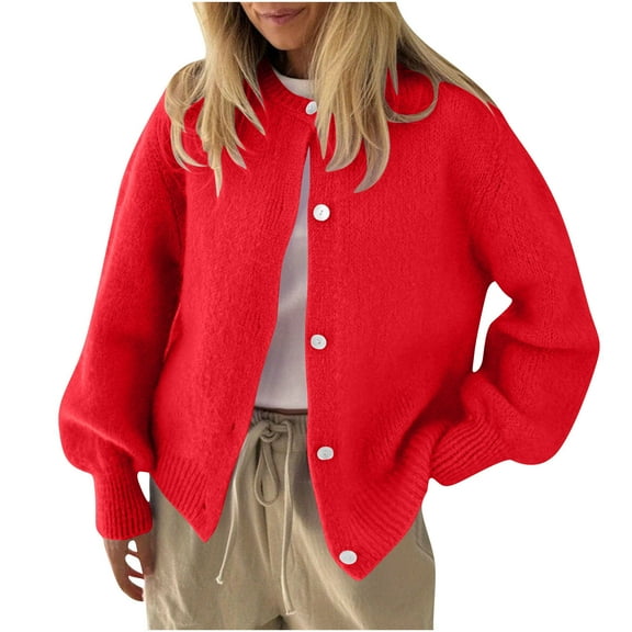 Womens Casual Crewneck Cardigans Long Sleeve Lightweight Button-Up Sweaters Slouchy Knitted Fall Cardigan Tops Red, M