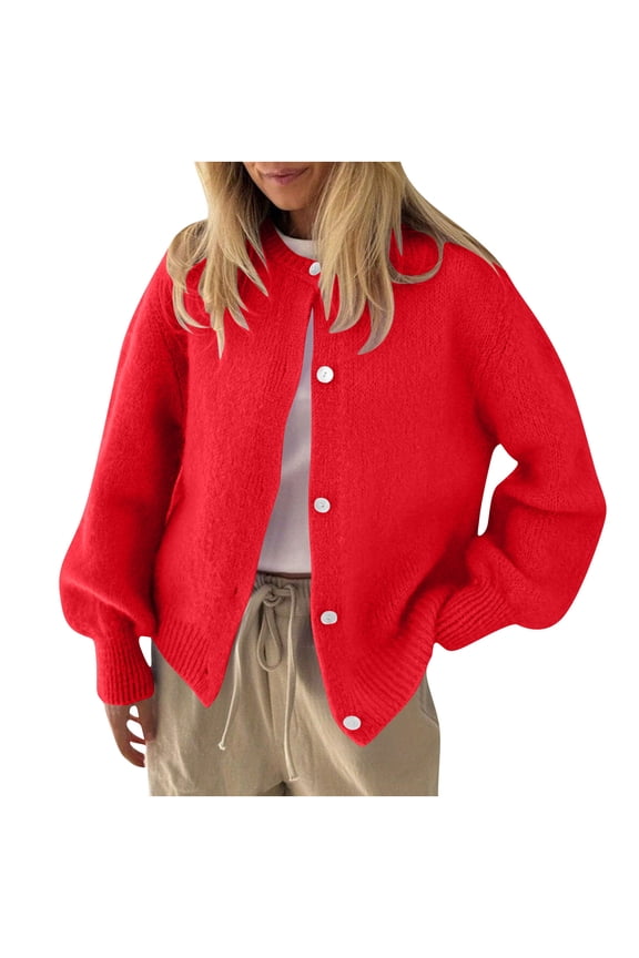 Womens Casual Crewneck Cardigans Long Sleeve Lightweight Button-Up Sweaters Slouchy Knitted Fall Cardigan Tops Red, M